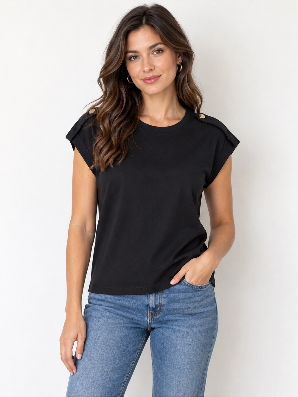 Simons Black Short-Sleeve Tee with Shoulder Button Detail size Large